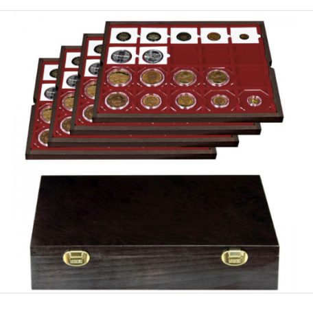 Éremtároló díszdoboz tömör fából CARUS 4 tálcás, kék belsővel