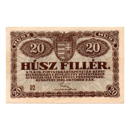 20 Fillér Postatakarékpénztár jegy 1920 VF