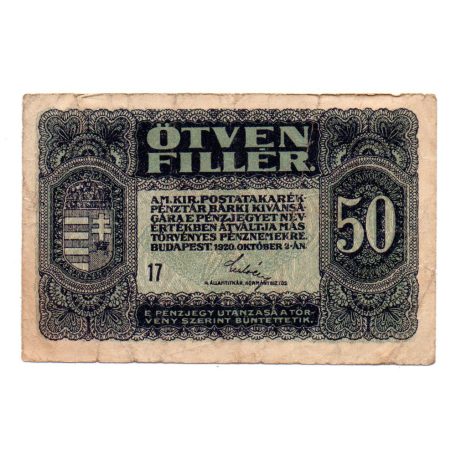 50 Fillér Postatakarékpénztárjegy 1920 F
