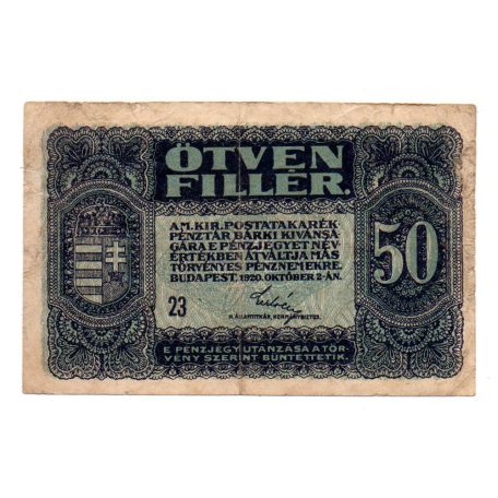 50 Fillér Postatakarékpénztárjegy 1920 VF