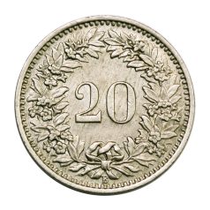 Svájc 20 Rappen 1947 B, az évszámban a 4-es felett pont