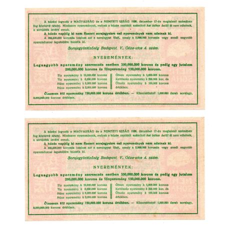 A Magyar Nemzeti Szövetség 5000 Korona Irredenta Sorsjegy 1926 sorszámkövető pár