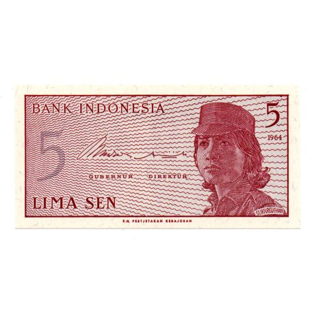 Indonézia 5 Sen Bankjegy 1964 P91a alacsony sorszám