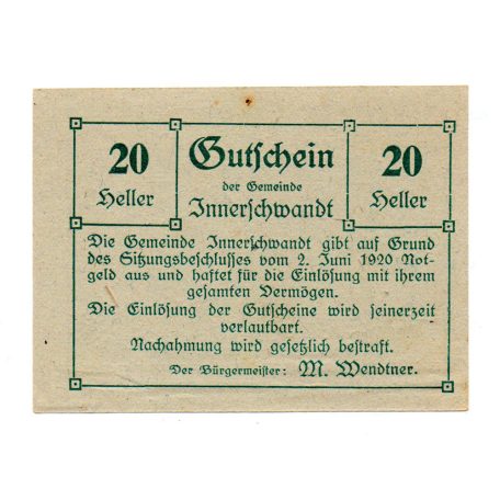 Ausztria Notgeld Innerschwandt 20 Heller 1920 nyomdahibás