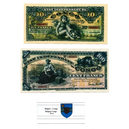 Belga Kongó Bankjegy sor 1896-1920 P1-4  összesen 9db MÁSOLAT