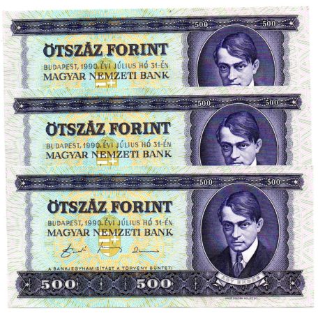 500 Forint Bankjegy 1990 UNC sorszámkövető 3 db