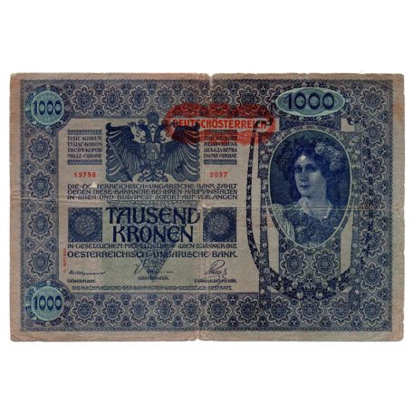 1000 Korona Bankjegy 1902 DEUTSCHÖSTERREICH bélyegzéssel VG ornamentikás hátoldal II.típus