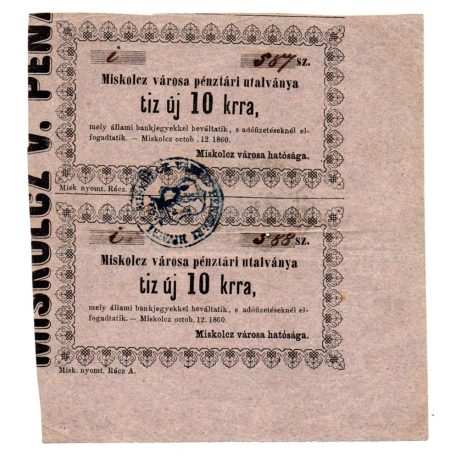 Miskolc 10 Krajcár pénztári utalvány 1860
