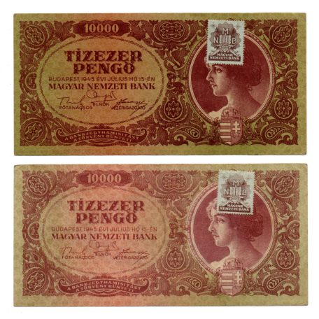 10000 Pengő Bankjegy 1945 VF párban jelentős színeltéréssel