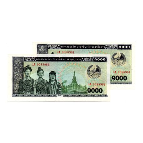 Laosz 1000 Kip Bankjegy 1992 P32a sorszámkövető pár