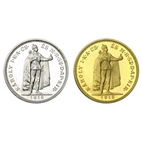 IV. Károly 20 Korona 1918 K-B ezüst és réz utánveret párban