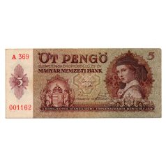5 Pengő Bankjegy 1939 gVF alacsony sorszám 001162