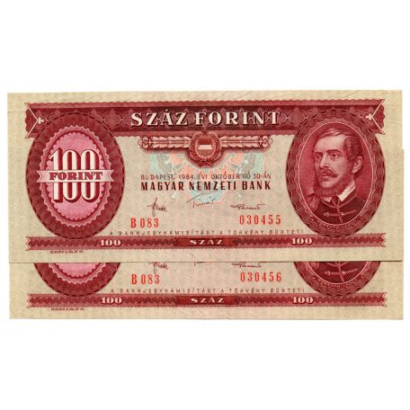 100 Forint Bankjegy 1984 gEF sorszámkövető pár