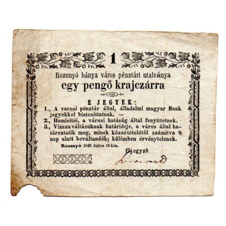 Rozsnyó 1 Pengő krajczárra 1849 varosi és vizsza tévnyomat