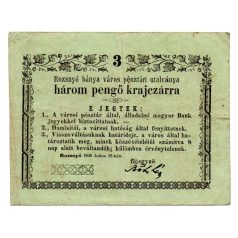   Rozsnyó 3 Pengő krajczárra Pénztári utalvány 1849 juiius tévnyom
