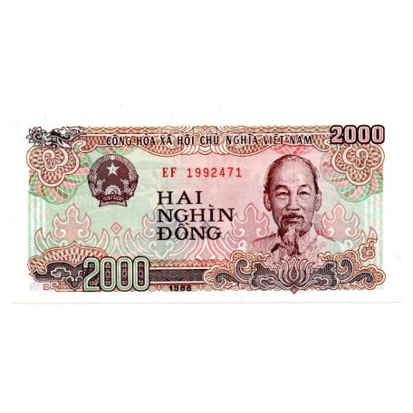 Vietnam 2000 Dong Bankjegy 1988 P107a1 UNC széles számozás 27mm