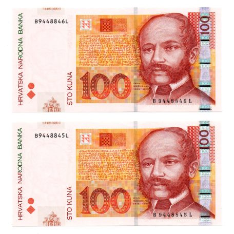 Horvátország 100 Kuna Bankjegy 2012 P41b sorszámkövető pár