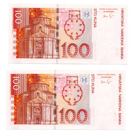 Horvátország 100 Kuna Bankjegy 2012 P41b sorszámkövető pár