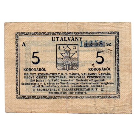 Szombathely 5 Korona Pénztári utalvány 1919