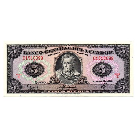 Ecuador 5 Sucres Bankjegy 1988 P113d3 aUNC