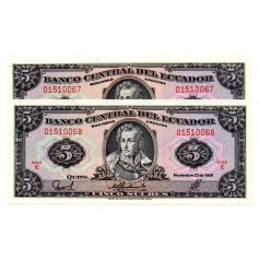 Ecuador 5 Sucres Bankjegy 1988 P113d3 sorszámkövető pár