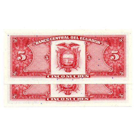 Ecuador 5 Sucres Bankjegy 1988 P113d3 sorszámkövető pár