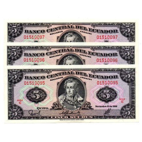 Ecuador 5 Sucres Bankjegy 1988 P113d3 sorszámkövető 3 db