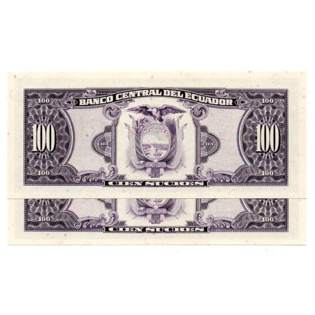 Ecuador 100 Sucres Bankjegy 1988 P123Aa VS sorszámkövető pár