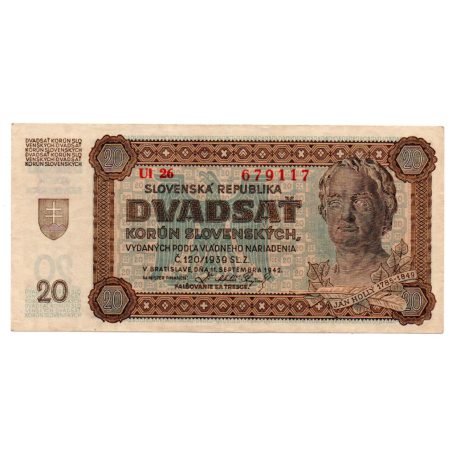 Szlovákia 20 Korona Bankjegy 1942 P7a UI26