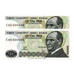   Törökország 10 Lira Bankjegy 1982 P193b sorszámkövető pár