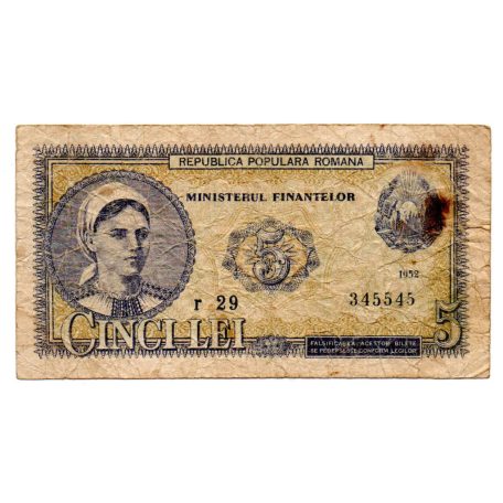 Románia 5 Lei Bankjegy 1952 P83b