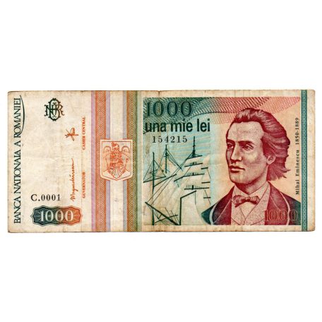 Románia 1000 Lei Bankjegy 1993 P102 C0001-es sorozat