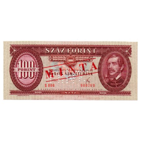 100 Forint Bankjegy 1975 MINTA lyukasztás és bélyegzés B000