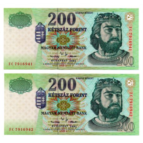 200 Forint Bankjegy 2001 FC UNC sorszámkövető pár
