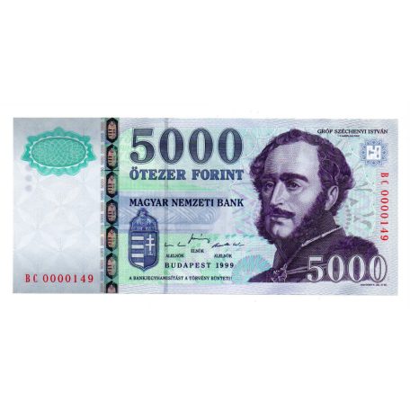 5000 Forint Bankjegy 1999 BC UNC, alacsony sorszám