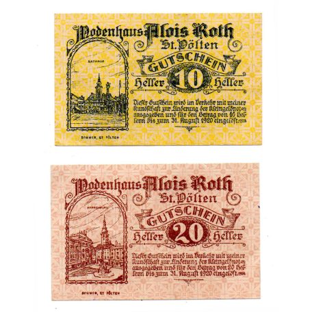 Ausztria Notgeld Sankt Pölten Alois Roth 10-20 Heller 1920