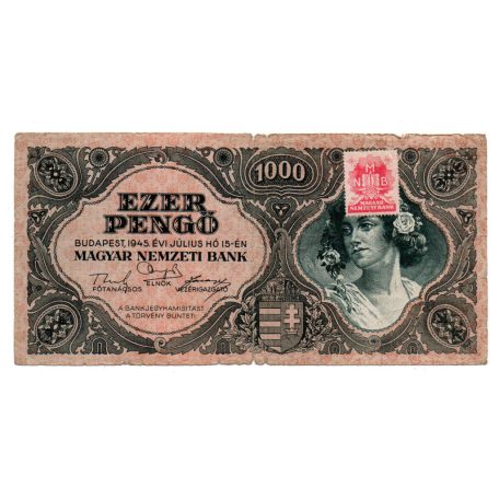 1000 Pengő Bankjegy 1945 F egyenes hármas a sorszámban Bélyeg