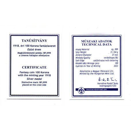 IV. Károly 100 Korona 1918 KB jelzett utánveret EZÜST 1 UNCIA 