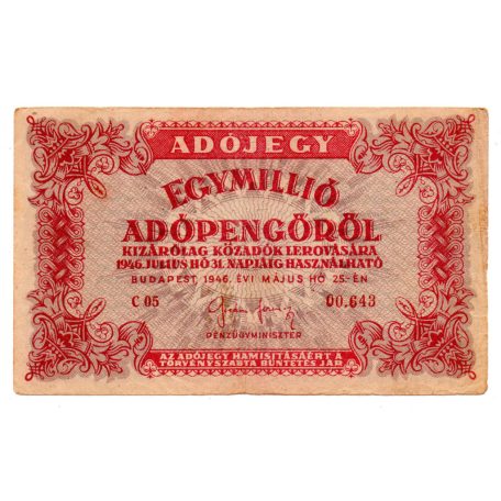 1 Millió Adópengő 1946 P53 F alacsony sorszám