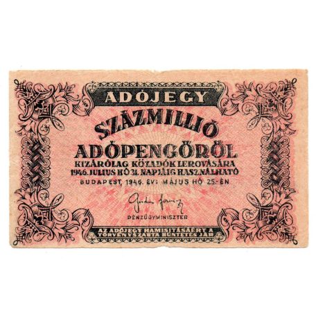 100 Millió Adópengő 1946 P55h VG hajó vízjel és fordított címer