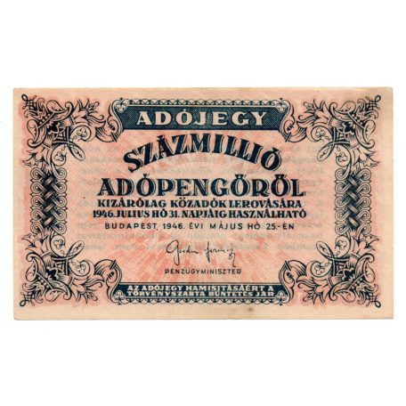100 Millió Adópengő 1946 P55B gEF, hajtatlan vastag bézs papír