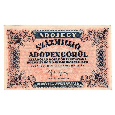 100 Millió Adópengő 1946 P55C gEF, hajtatlan vastag fehér papír