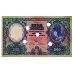 1000 Pengő Bankjegy 1927 érvénytelenített 5 lyukkal