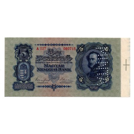5 Pengő Bankjegy 1928 Köteles példány függőleges MINTA lyukasztással