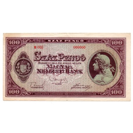 100 Pengő Bankjegy 1945 MINTA