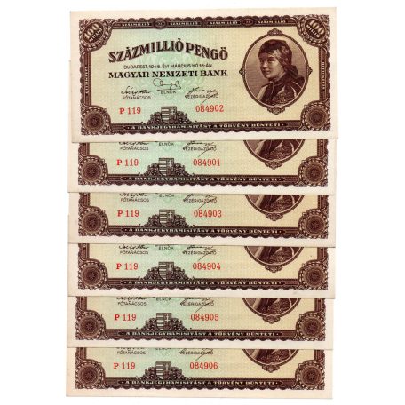 100 Millió Pengő Bankjegy 1946 aUNC-UNC sorszámkövető 6 db