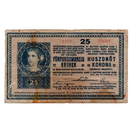 25 Korona Bankjegy 1918 hullámos hátlappal keskeny sorszám F