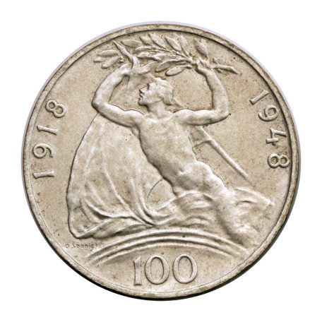 Csehszlovákia 100 Korona 1948 Függetlenség 14g Ag500