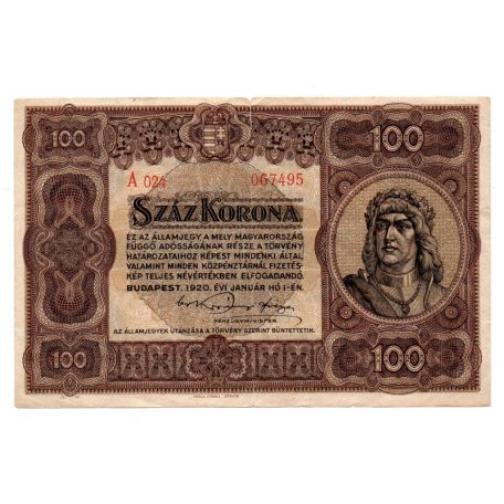 100 Korona Államjegy 1920 VF, felül beszakadás