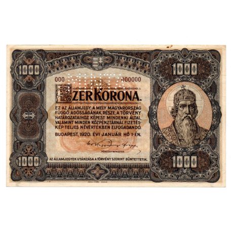 1000 Korona Államjegy 1920 MINTA barna sorozat és sorszámmal
